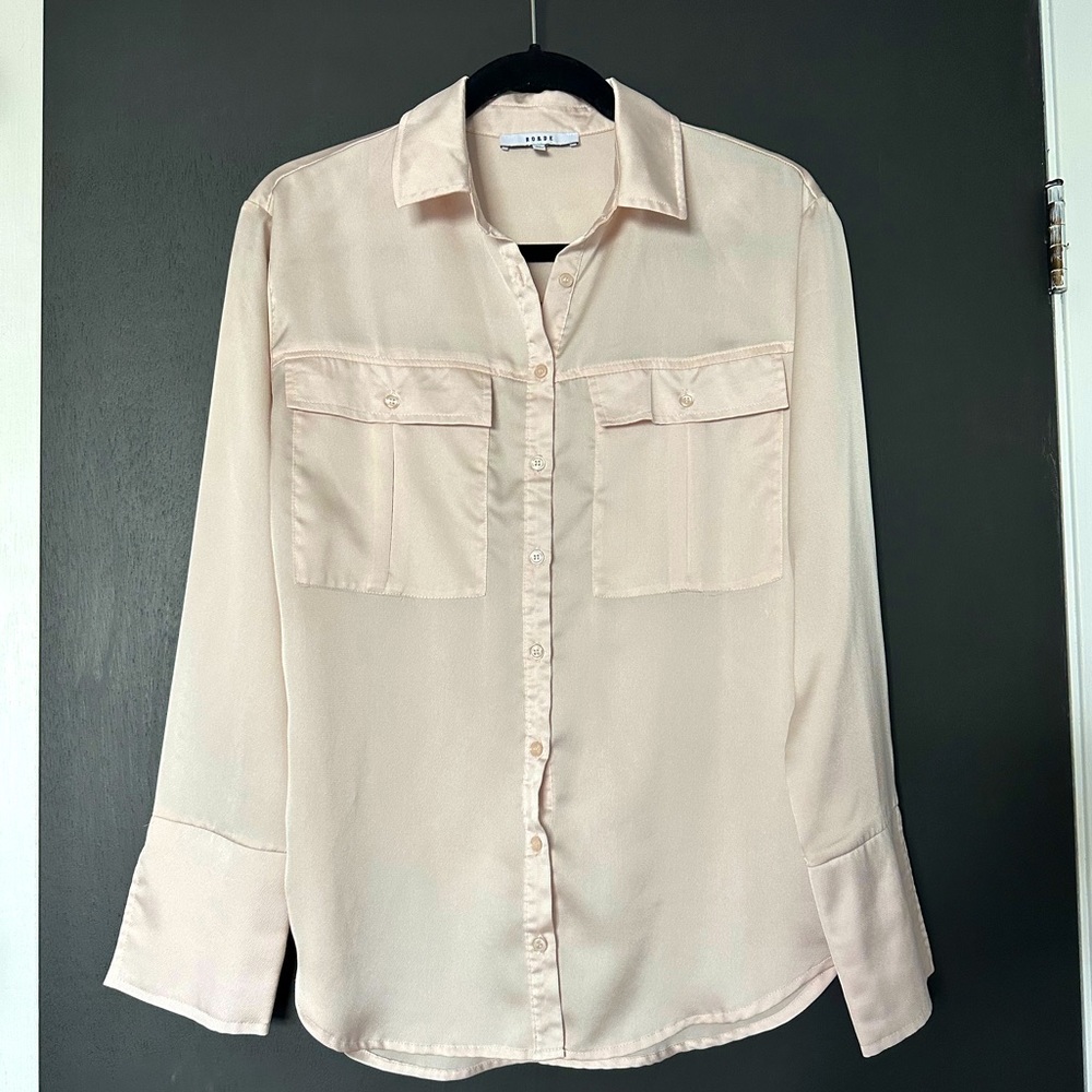 Ro & De Light Pink Oversized Satin Effect Button Up Top - Size XS.